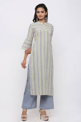 Women's Cotton Flex Geometric Printed Straight Blue Kurta Palazzo Set 3