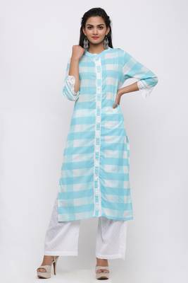 Women's Cotton Checkered Printed Straight Blue Kurta Palazzo Set 1