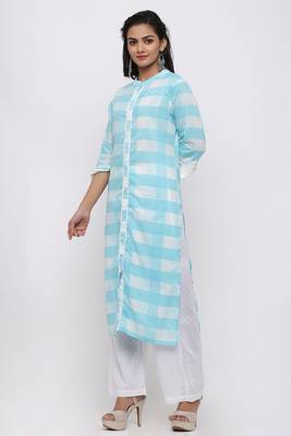 Women's Cotton Checkered Printed Straight Blue Kurta Palazzo Set 2