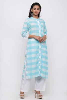 Women's Cotton Checkered Printed Straight Blue Kurta Palazzo Set 3