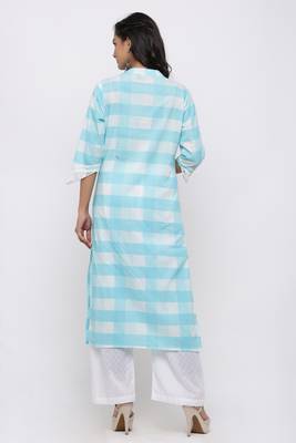 Women's Cotton Checkered Printed Straight Blue Kurta Palazzo Set 4