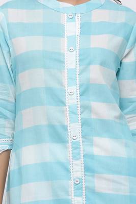 Women's Cotton Checkered Printed Straight Blue Kurta Palazzo Set 5