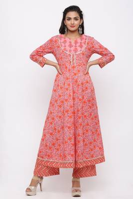 Women's Cotton Floral Printed Anarkali Orange Kurta Palazzo Set 1