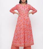 Women's Cotton Floral Printed Anarkali Orange Kurta Palazzo Set