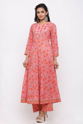 Women's Cotton Floral Printed Anarkali Orange Kurta Palazzo Set 2