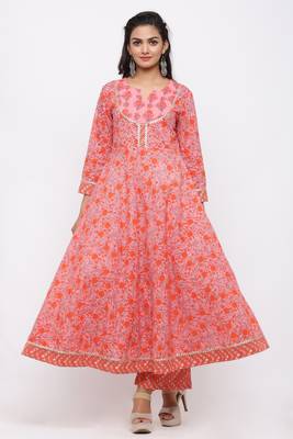 Women's Cotton Floral Printed Anarkali Orange Kurta Palazzo Set 3