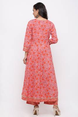 Women's Cotton Floral Printed Anarkali Orange Kurta Palazzo Set 4