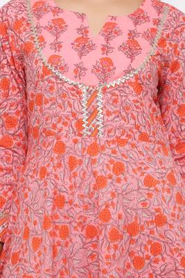 Women's Cotton Floral Printed Anarkali Orange Kurta Palazzo Set 5