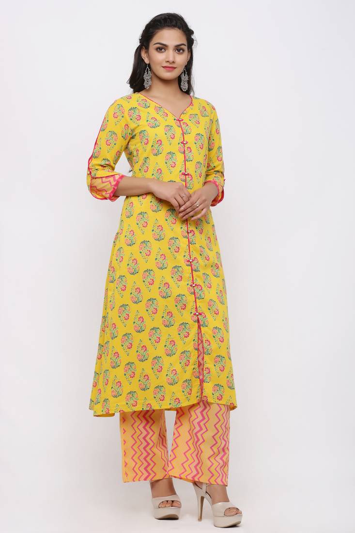 Women Yellow Three-Quarter Sleeves Printed Kurta-Palazzo With Pockets Dupatta And Fask Mask