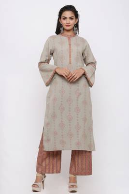 Women's Cotton Flex Gold Printed Straight Grey Kurta Palazzo Set 1