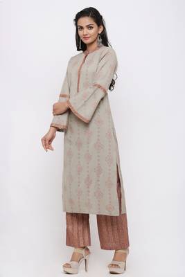 Women's Cotton Flex Gold Printed Straight Grey Kurta Palazzo Set 2