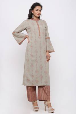 Women's Cotton Flex Gold Printed Straight Grey Kurta Palazzo Set 3