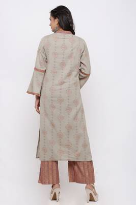 Women's Cotton Flex Gold Printed Straight Grey Kurta Palazzo Set 4