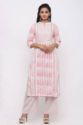 Women's Cotton Ikat Printed Straight Pink Kurta Palazzo Set 1