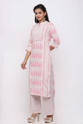Women's Cotton Ikat Printed Straight Pink Kurta Palazzo Set 2