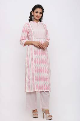 Women's Cotton Ikat Printed Straight Pink Kurta Palazzo Set 3