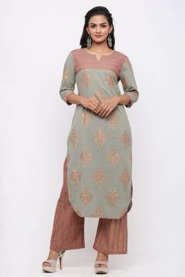 Women's Cotton Gold Printed Straight Grey Kurta Palazzo Set 1