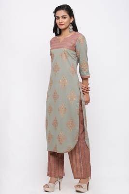 Women's Cotton Gold Printed Straight Grey Kurta Palazzo Set 2
