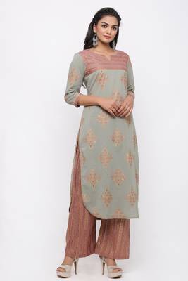 Women's Cotton Gold Printed Straight Grey Kurta Palazzo Set 3