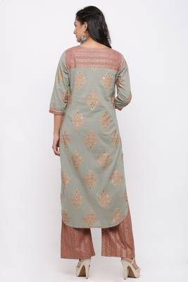 Women's Cotton Gold Printed Straight Grey Kurta Palazzo Set 4