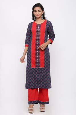 Women's Cotton Gold Printed Straight Navy Blue Kurta Palazzo Set 1
