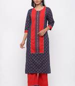 Women's Cotton Gold Printed Straight Navy Blue Kurta Palazzo Set