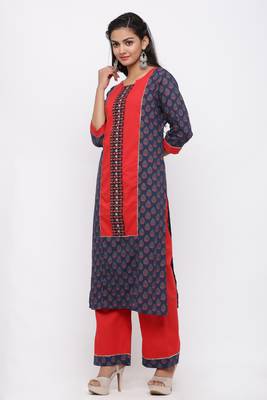 Women's Cotton Gold Printed Straight Navy Blue Kurta Palazzo Set 2
