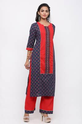 Women's Cotton Gold Printed Straight Navy Blue Kurta Palazzo Set 3