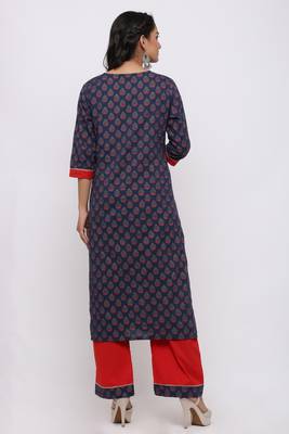 Women's Cotton Gold Printed Straight Navy Blue Kurta Palazzo Set 4