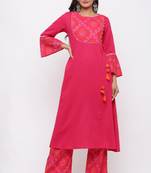 Women's Cotton Slub Bandhej Printed Angrakha Fuschia Pink Kurta Palazzo Set