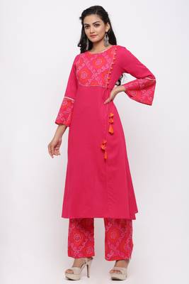 Women's Cotton Slub Bandhej Printed Angrakha Fuschia Pink Kurta Palazzo Set 2