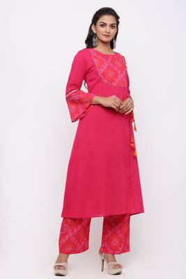 Women's Cotton Slub Bandhej Printed Angrakha Fuschia Pink Kurta Palazzo Set 3