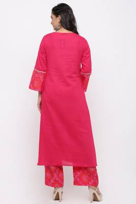 Women's Cotton Slub Bandhej Printed Angrakha Fuschia Pink Kurta Palazzo Set 4