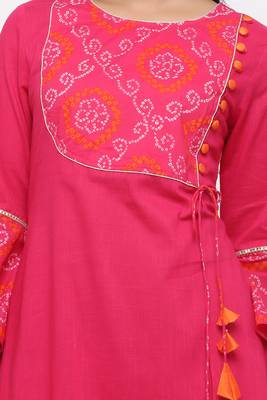 Women's Cotton Slub Bandhej Printed Angrakha Fuschia Pink Kurta Palazzo Set 5