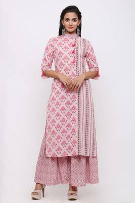 Women's Cotton Ikat Printed Straight Pink Kurta Sharara Set 1