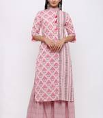 Women's Cotton Ikat Printed Straight Pink Kurta Sharara Set