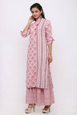 Women's Cotton Ikat Printed Straight Pink Kurta Sharara Set 2