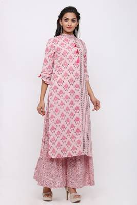 Women's Cotton Ikat Printed Straight Pink Kurta Sharara Set 3