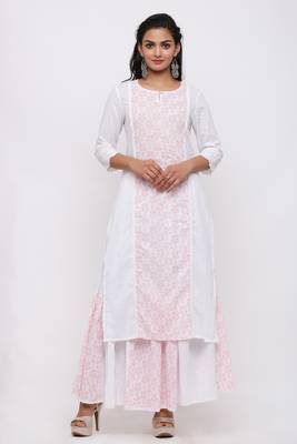 Women's Cotton Floral Printed Straight White Kurta Skirt Set 1