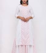 Women's Cotton Floral Printed Straight White Kurta Skirt Set