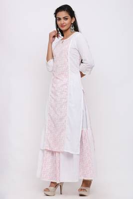 Women's Cotton Floral Printed Straight White Kurta Skirt Set 2