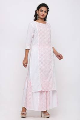 Women's Cotton Floral Printed Straight White Kurta Skirt Set 3