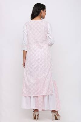 Women's Cotton Floral Printed Straight White Kurta Skirt Set 4