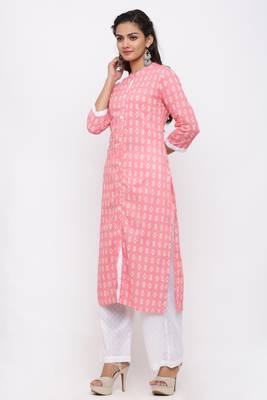 Women's White & Red Cotton Ikat Printed Straight Kurta with Palazzo Set 2
