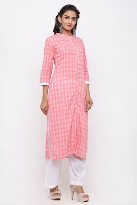 Women's White & Red Cotton Ikat Printed Straight Kurta with Palazzo Set 3