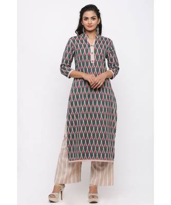 Women's Cotton Flex Straight Ikat Printed Kurta with Palazzo Set 1