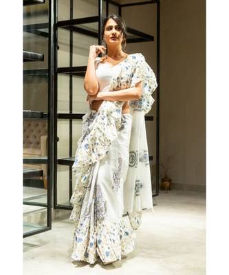 Off White block print cotton saree with blouse 1