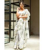 Off White block print cotton saree with blouse