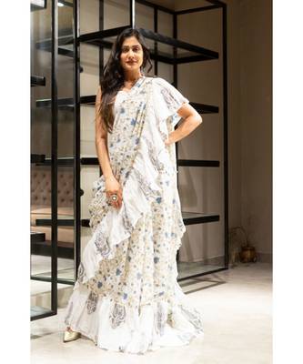 Off White block print cotton saree with blouse 1