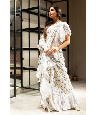 Off White block print cotton saree with blouse 3